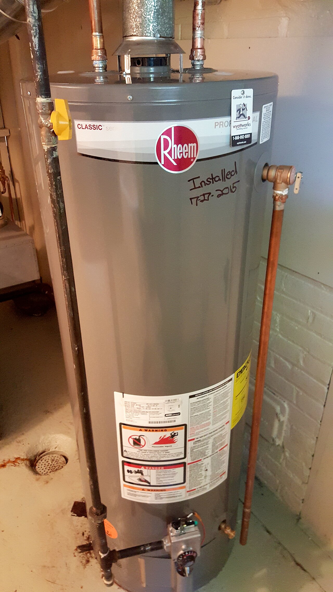 Newly installed Rheem gas tank water heater in a home